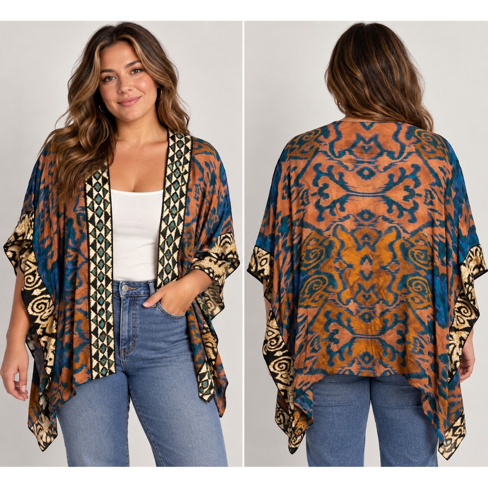Soft Surroundings L/XL Boho Kimono Cardigan Abstract Ikat Print Draped Viscose